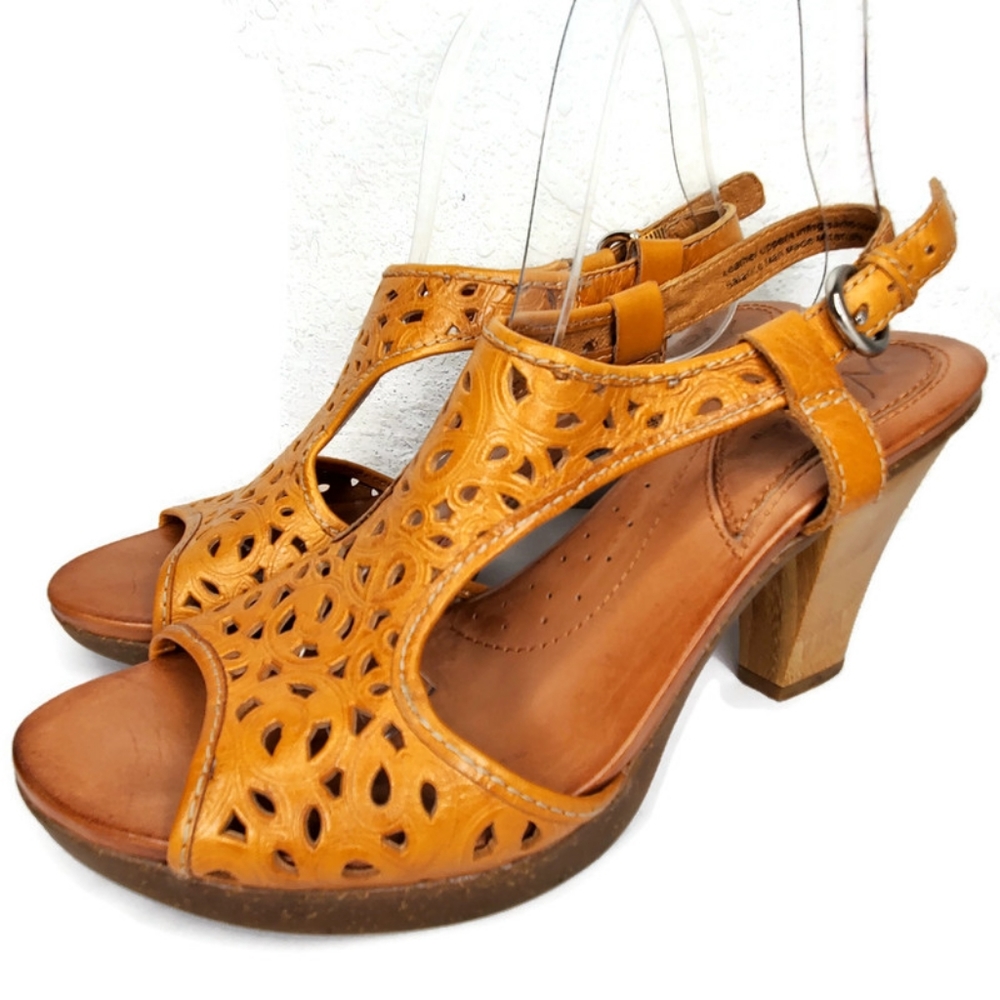 NAYA Alpine Caramel Brown Openwork Leather Open Toe Slingback Heels